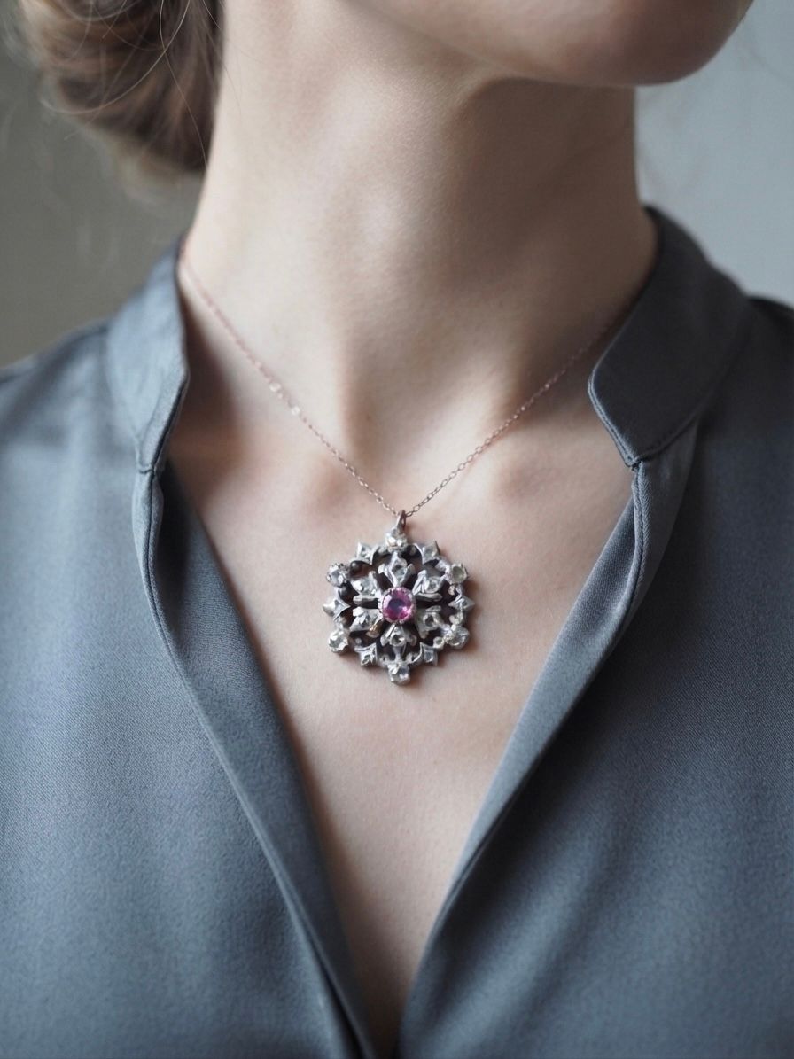 Victorian Natural Ruby Rose Cut Diamond Beautiful Flower Pendant