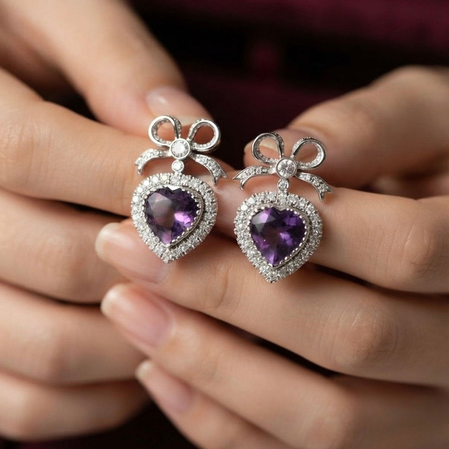 Vintage 18K White Gold Heart Amethyst & Diamond Earrings