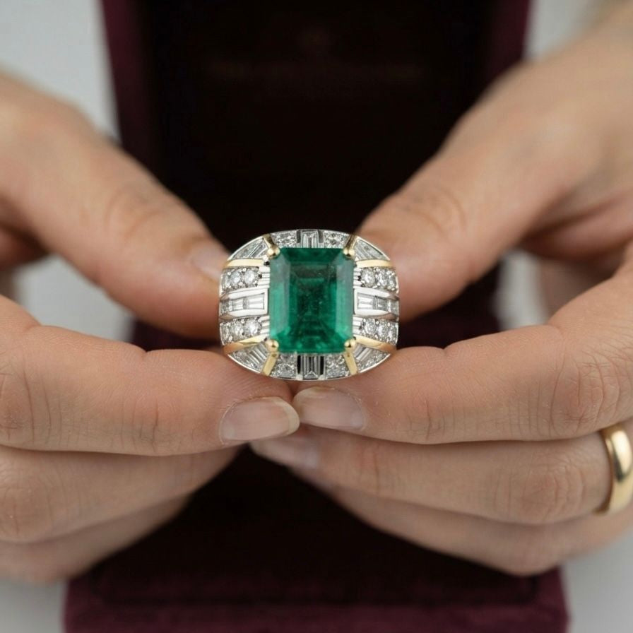 Italian Retro Colombian Emerald and 5ct Diamond Cocktail Ring