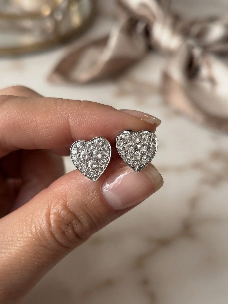 Diamond Heart Stud Earrings, 1.80 Ct Diamond F- G VVS