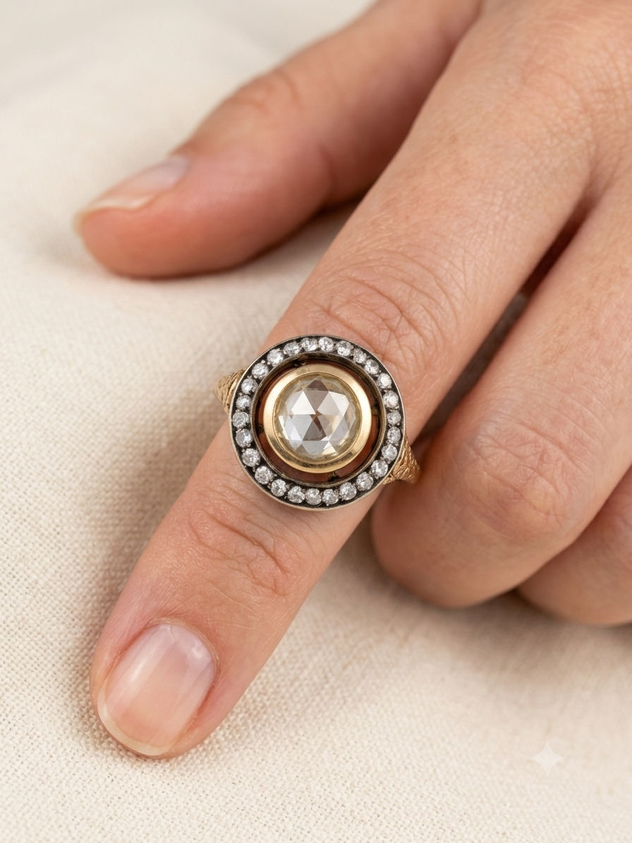Antique Victorian 1ct Rose Cut Diamond Halo Cluster Target Engagement Ring