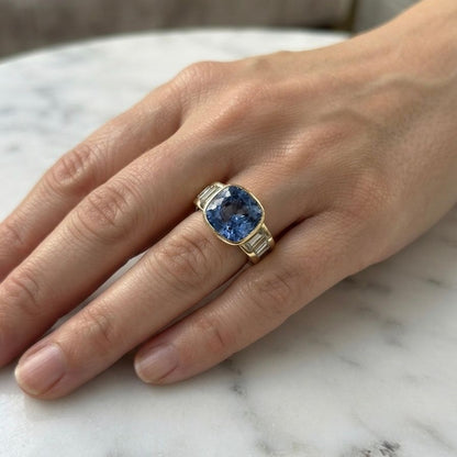 Italian Retro 10.61ct Unheated Natural No Heat Ceylon Sapphire and 2.60ct Baguette Diamond Engagement Ring in 18ct Yellow Gold
