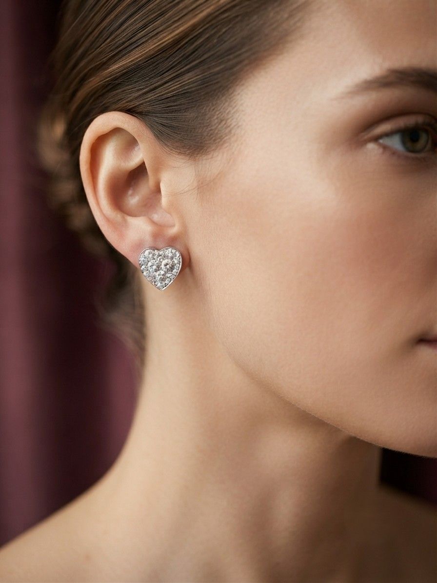 Diamond Heart Stud Earrings, 1.80 Ct Diamond F- G VVS