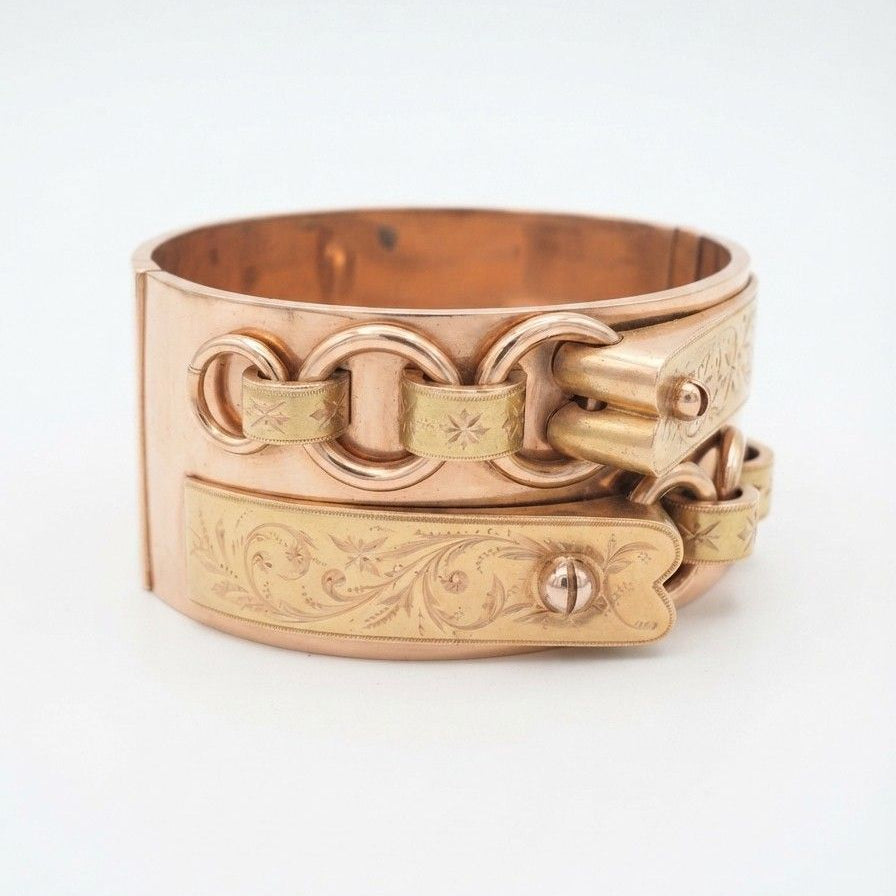 Victorian Antique Yellow Gold Wide Buckle Cuff Bangle Bracelet, Circa 1850