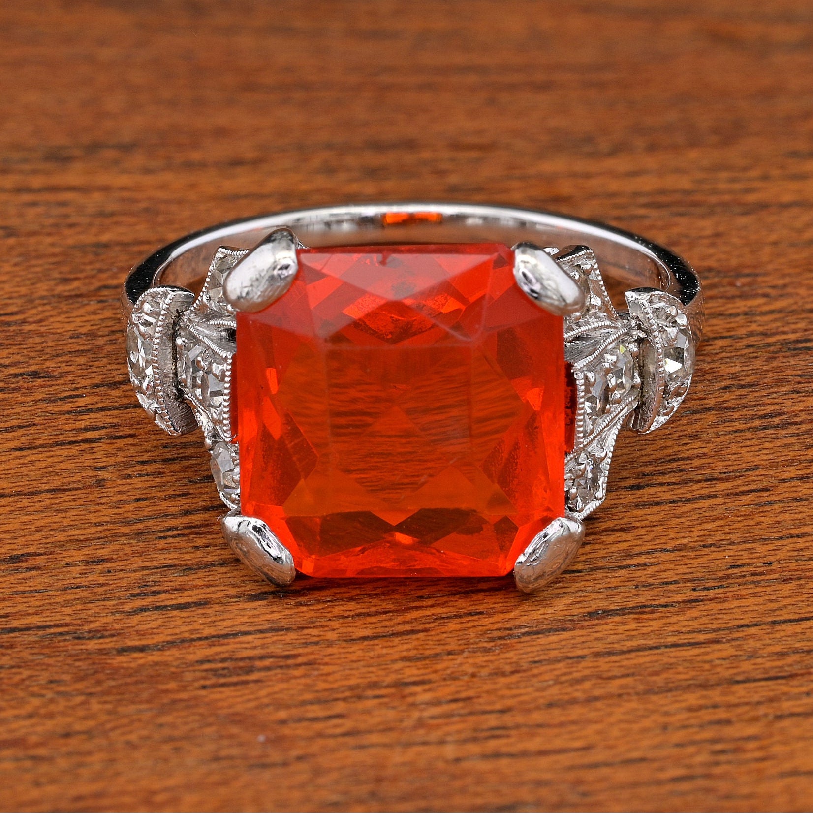 Edwardian Antique 2ct Fire Opal and Diamond Dress Ring