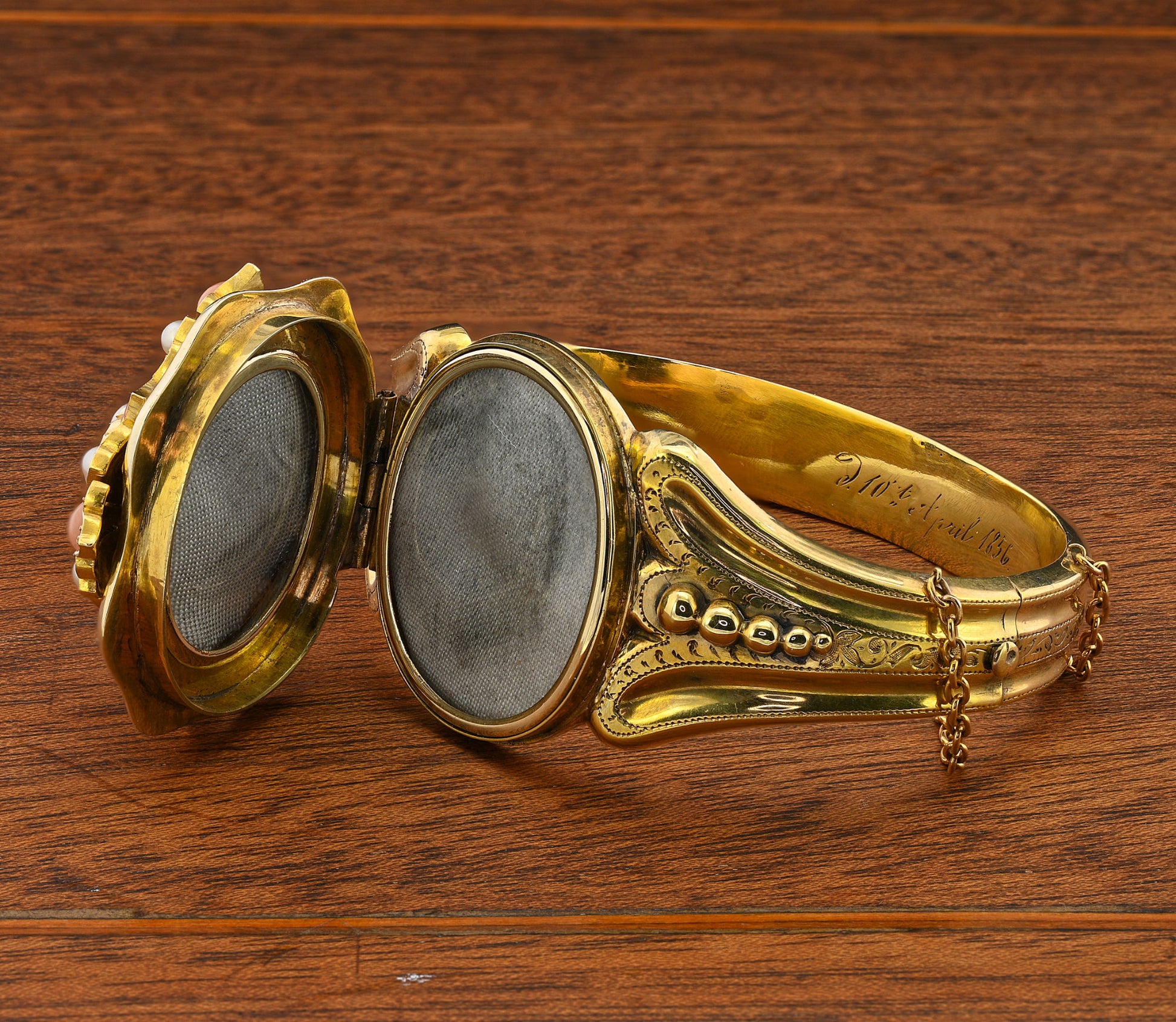 Victorian Antique Pearl Coral Diamond Gold Locket Bangle Bracelet, Circa 1856