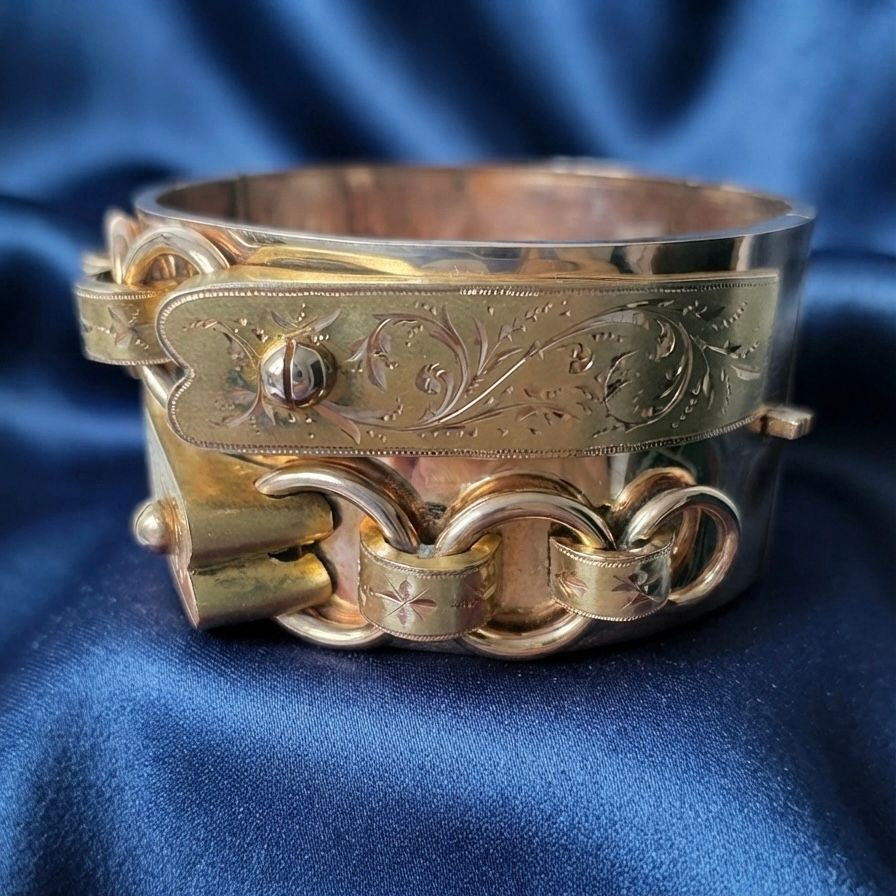 Victorian Antique Yellow Gold Wide Buckle Cuff Bangle Bracelet, Circa 1850