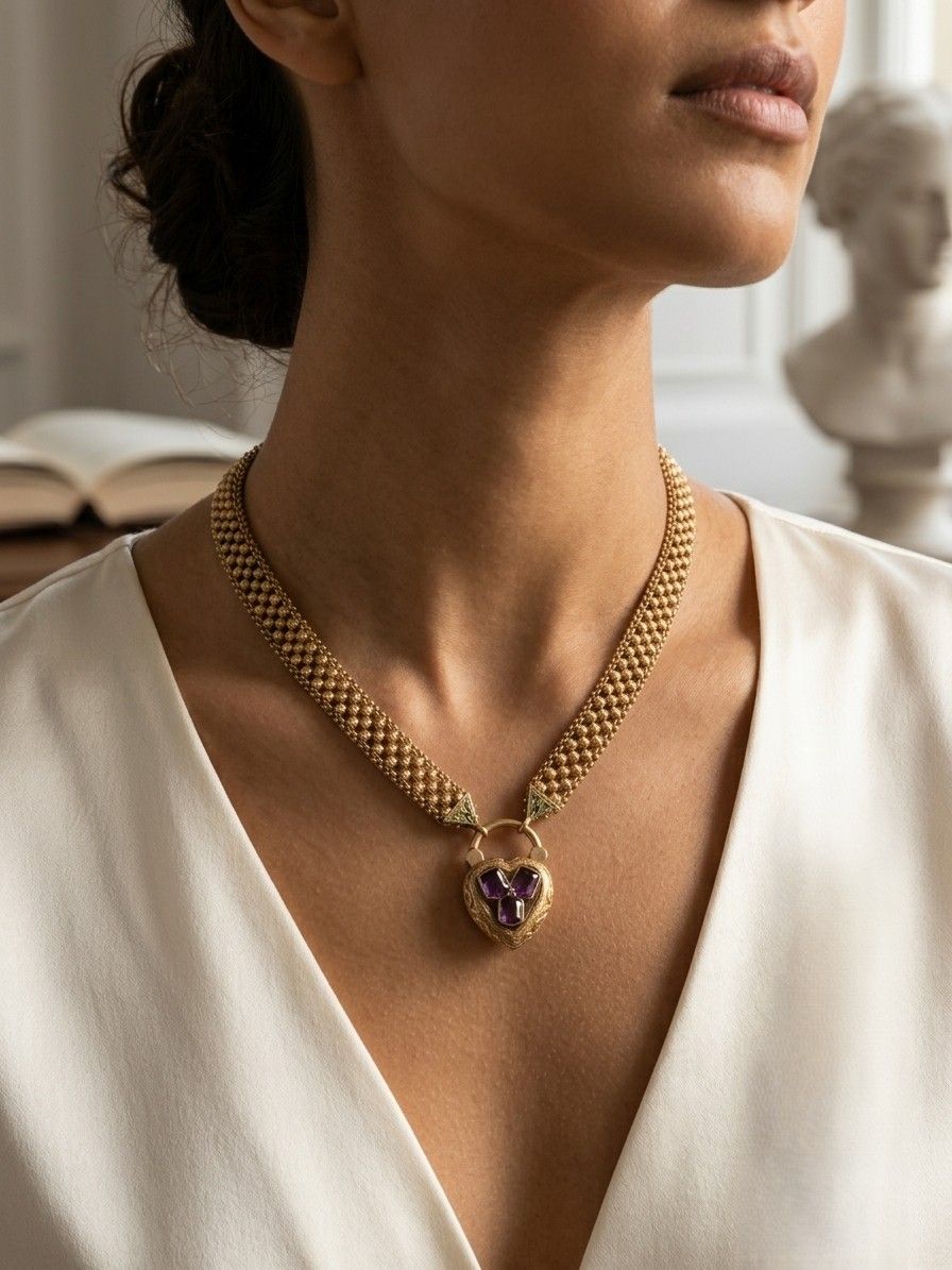 Victorian 18K Yellow Gold Garnet Heart Locket Necklace, Circa 1870/80