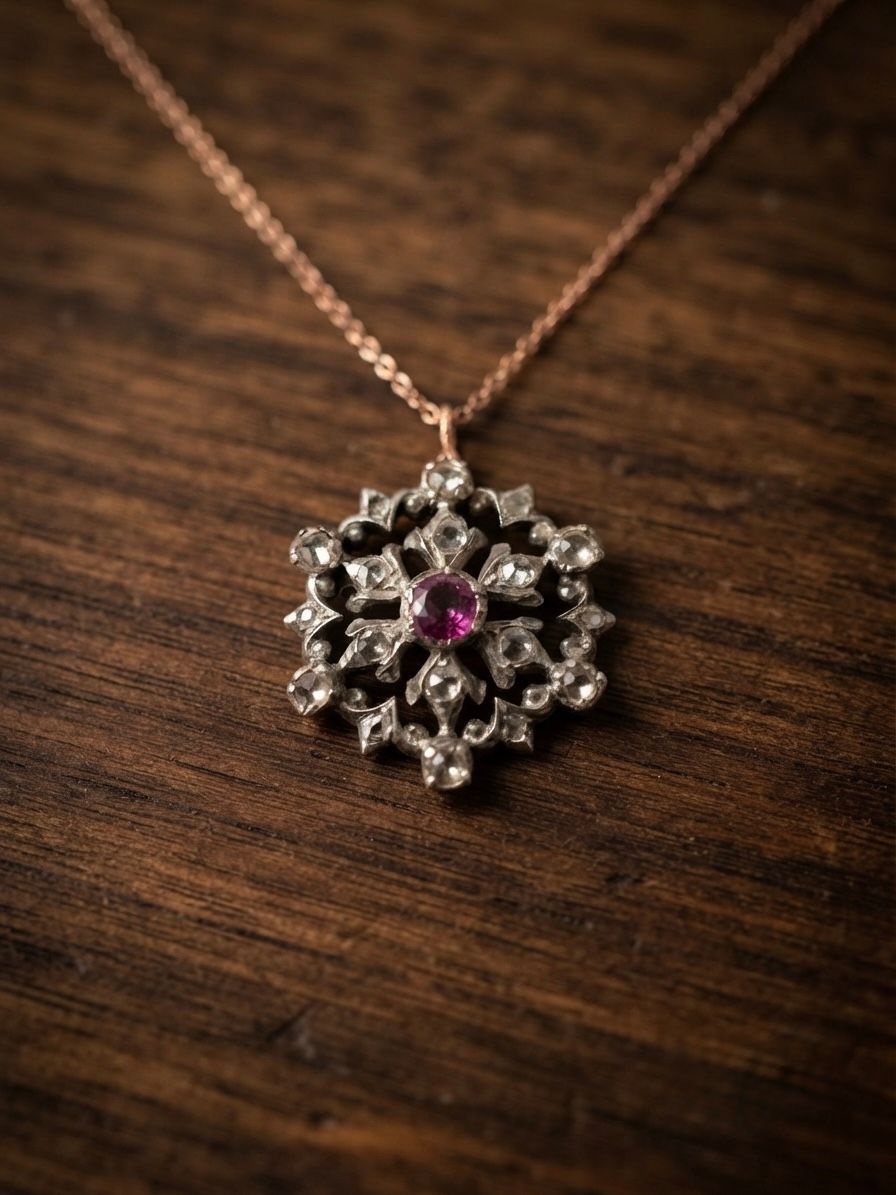 Victorian Natural Ruby Rose Cut Diamond Beautiful Flower Pendant
