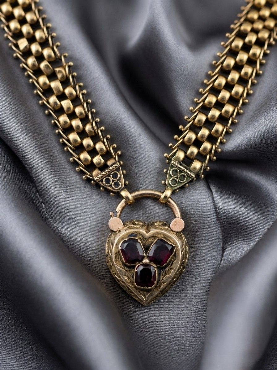 Victorian 18K Yellow Gold Garnet Heart Locket Necklace, Circa 1870/80