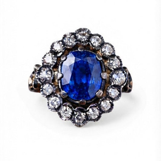 Edwardian Style 2.77ct Natural No Heat Cobalt Blue Sapphire and Diamond Cluster Engagement Ring