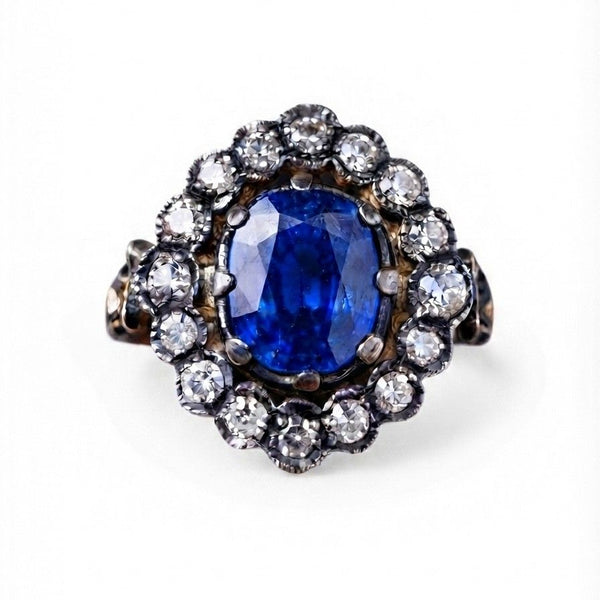 Edwardian Style 2.77ct Natural No Heat Cobalt Blue Sapphire and Diamond Cluster Engagement Ring