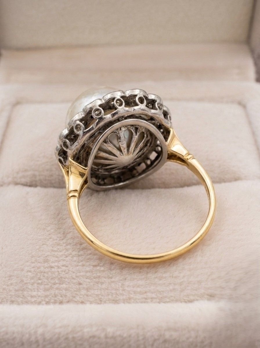 Edwardian 12 MM. Mabe Split Pearl 1.60 Ct Diamond Engagement Ring