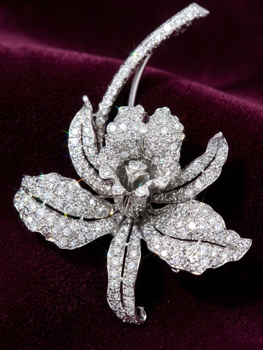 Edwardian Platinum Orchid Brooch, 5.0 Ct Old Mine Cut Diamonds, Italy