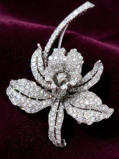 Edwardian Platinum Orchid Brooch, 5.0 Ct Old Mine Cut Diamonds, Italy