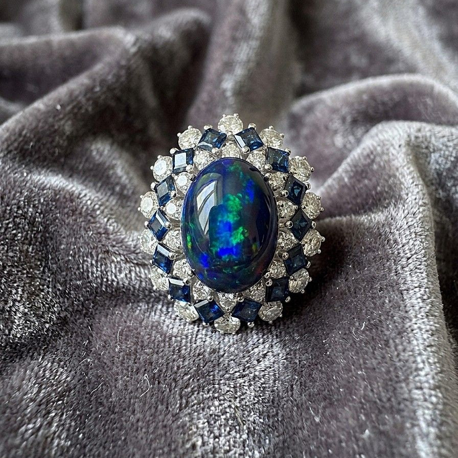 Vintage 9cts Australian Black Opal Diamond Sapphire Cluster Dress Ring in Platinum