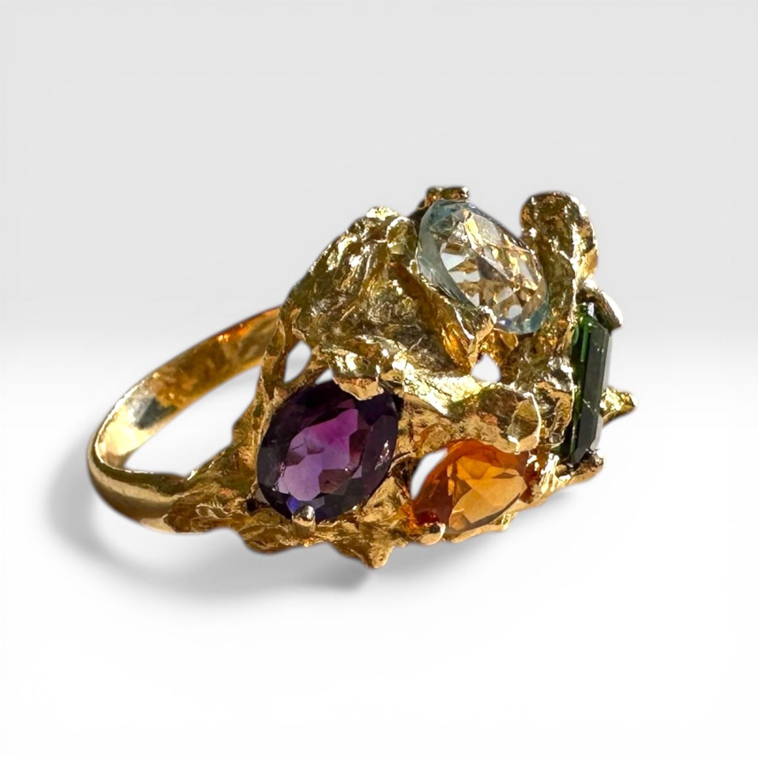 Vintage Modernist Multi Gemstone Sculptural Ring