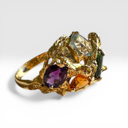 Vintage Modernist Multi Gemstone Sculptural Ring