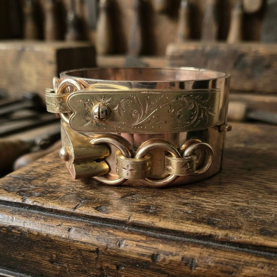 Victorian Antique Yellow Gold Wide Buckle Cuff Bangle Bracelet, Circa 1850