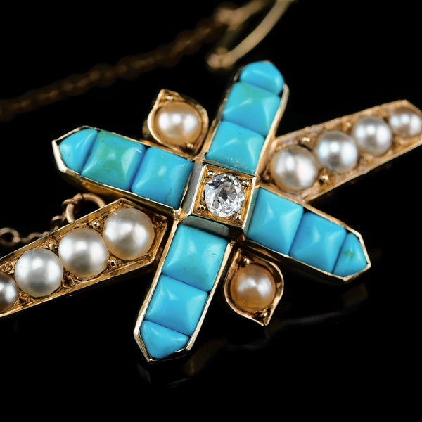 Stunning Antique Victorian 14K Gold Turquoise, Pearl & Diamond Brooch