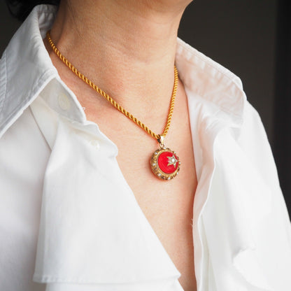 Antique Victorian Diamond & Pearl Star Necklace with Red Rock Crystal Cabochon 15ct Gold - c.1880