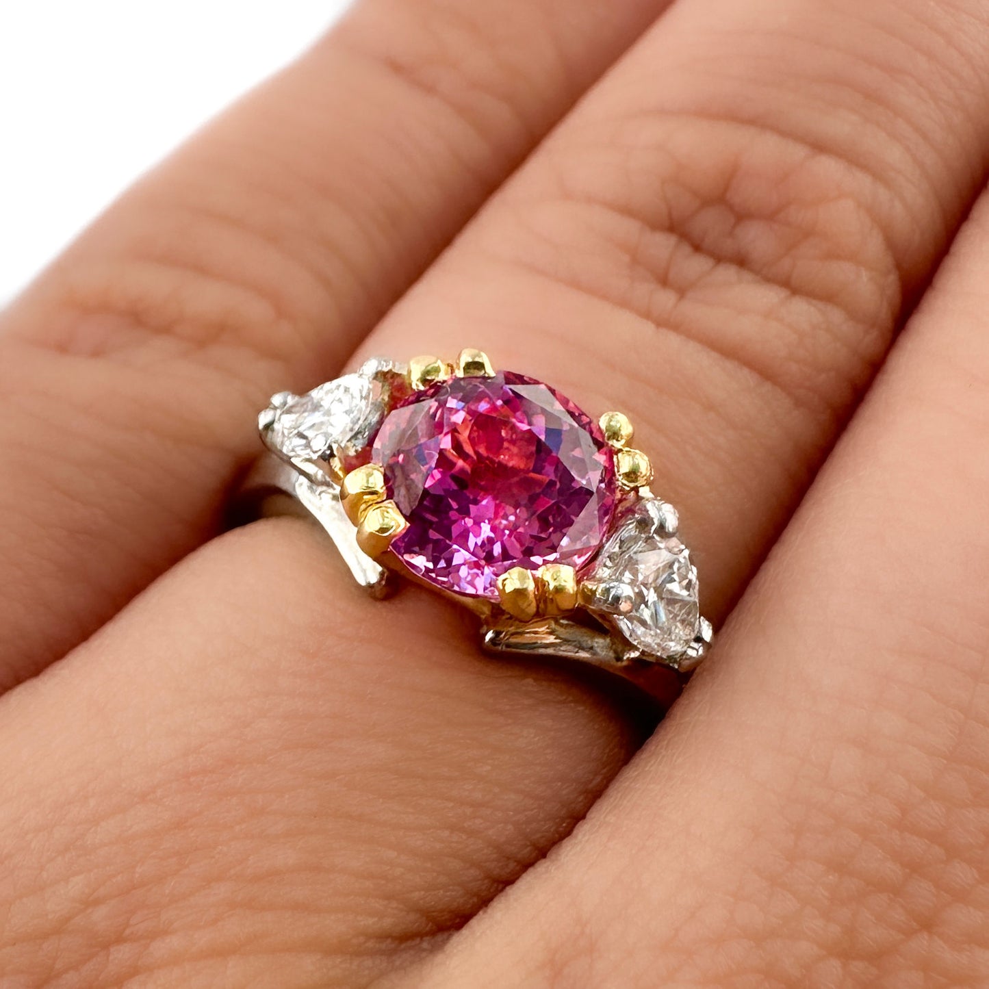 Vintage 2.5ct Pink Sapphire and Diamond Trilogy Three Stone Engagement Ring