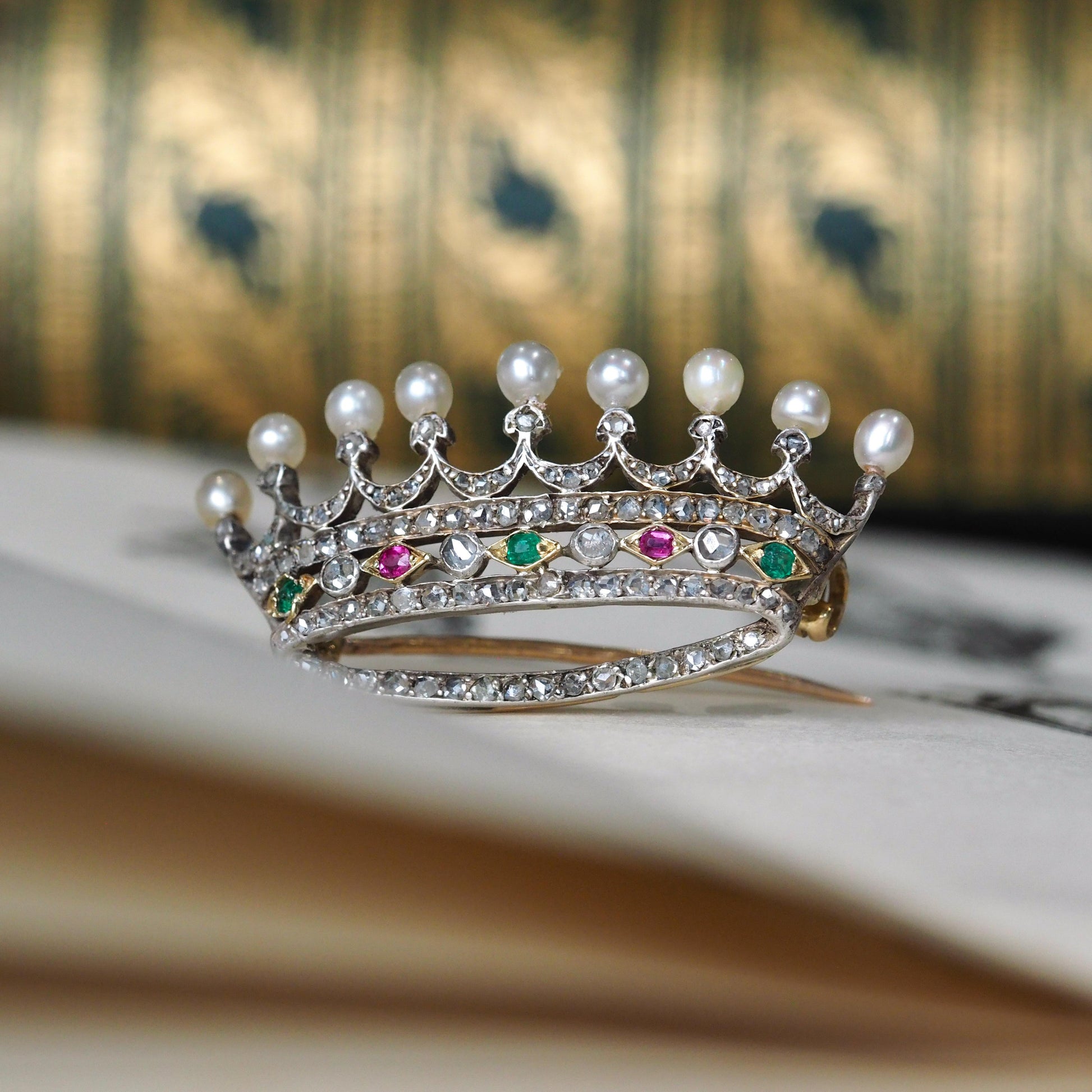 Antique French Ruby, Emerald, Diamond Pearl Crown Coronet Brooch 18K Gold c.1900
