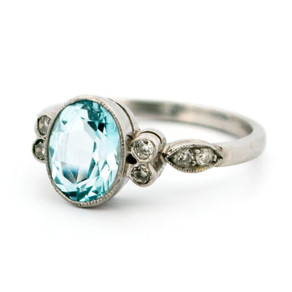 Oval Aquamarine, Old Mine-Cut Diamond and Platinum Ring, 2.30 Carats