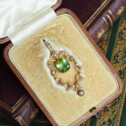 Antique Victorian Peridot Pendant Necklace, Pearls 14K Gold Original Box c.1890