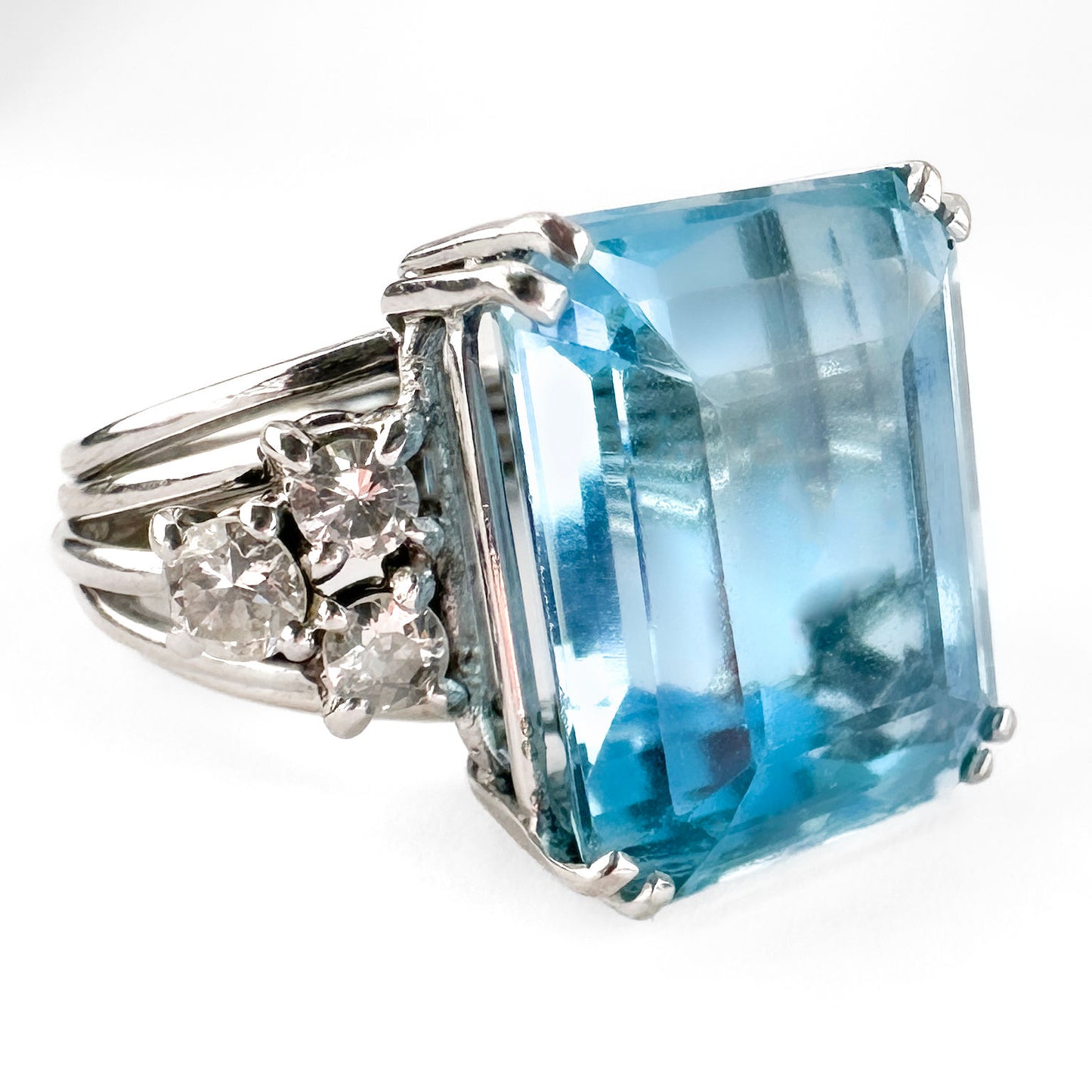 Vintage Emerald-Cut Aquamarine and Diamond Ring