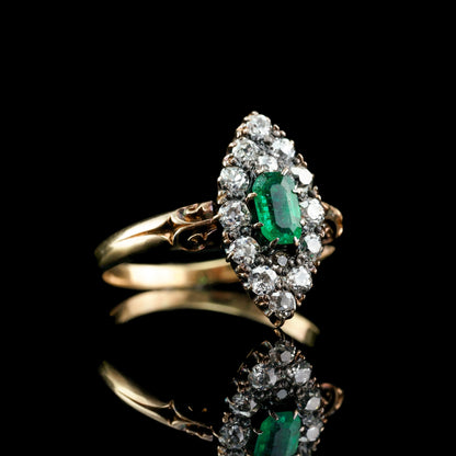 Antique Victorian 18 Carat Gold Emerald Amd Diamond Navette Cluster Ring - circa 1880