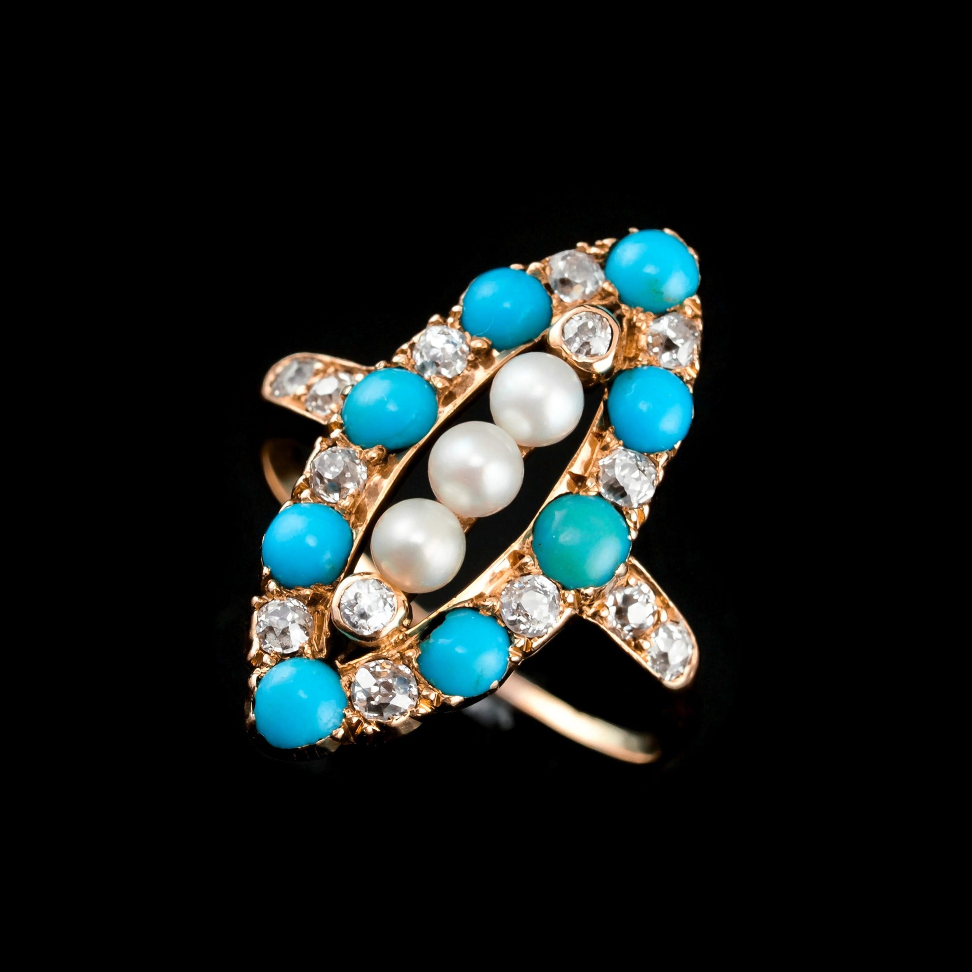Victorian Antique Victorian Turquoise Pearl Diamond Navette Marquise Cluster Ring Circa 1880
