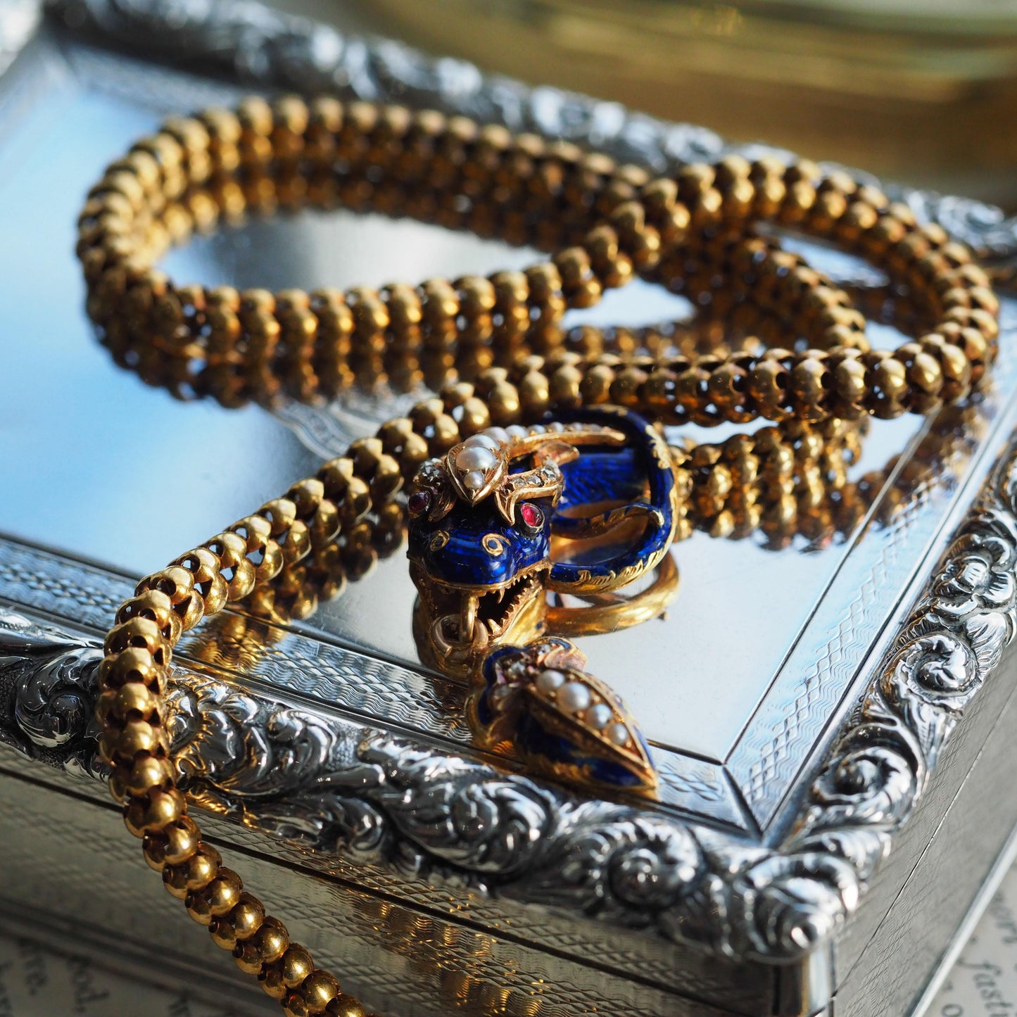 Victorian Antique Gold Snake Serpent Necklace with Diamond Pearl and Blue Enamel, Circa 1860
