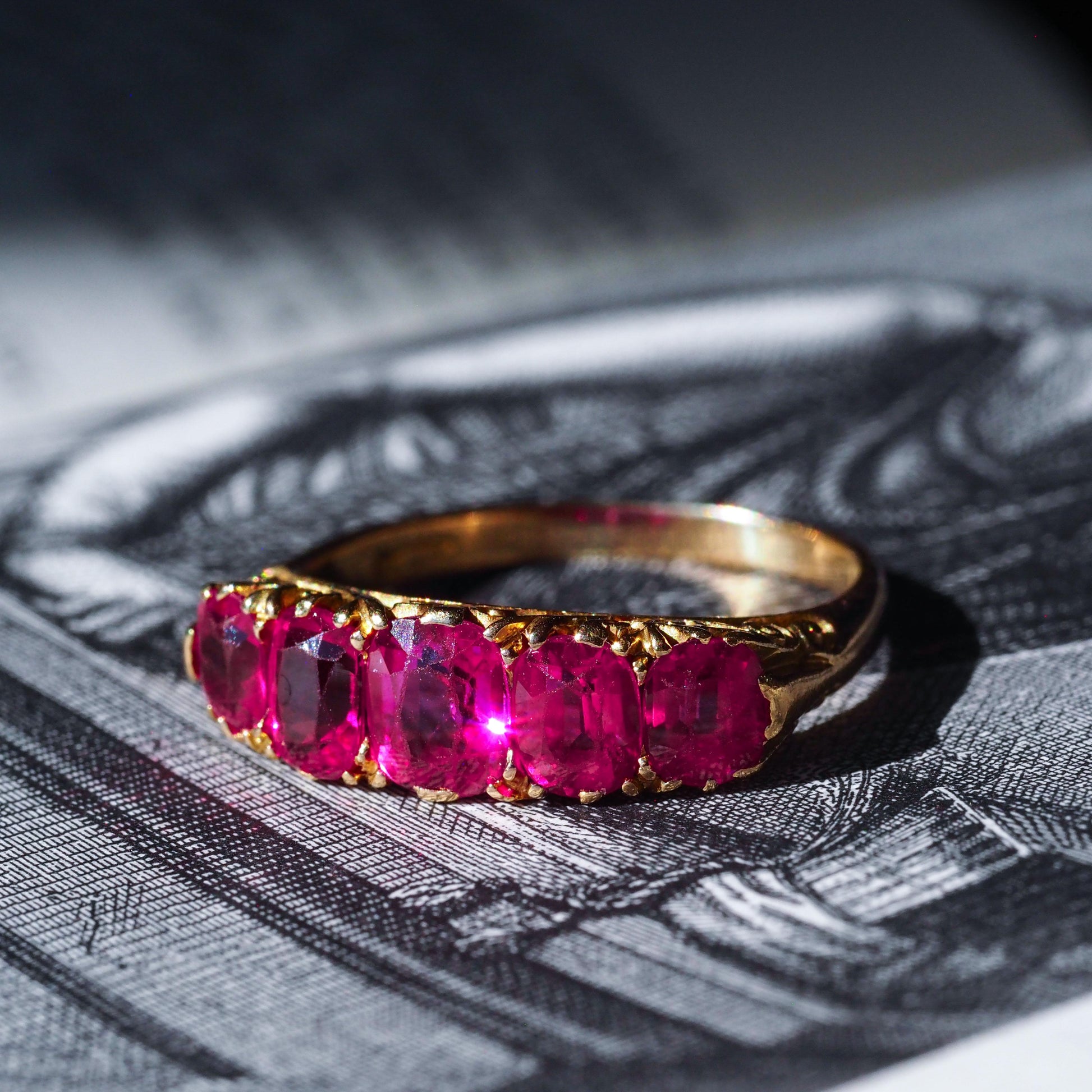 Antique Victorian Ruby Ring 5 Stone Design 18 Carat Gold