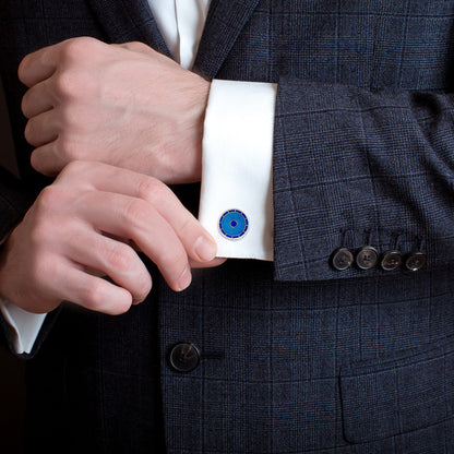 Navy Blue and Turquoise Enamel Round Chain Cufflinks