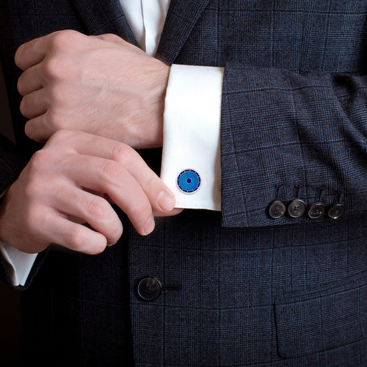 Navy Blue and Turquoise Enamel Round Chain Cufflinks