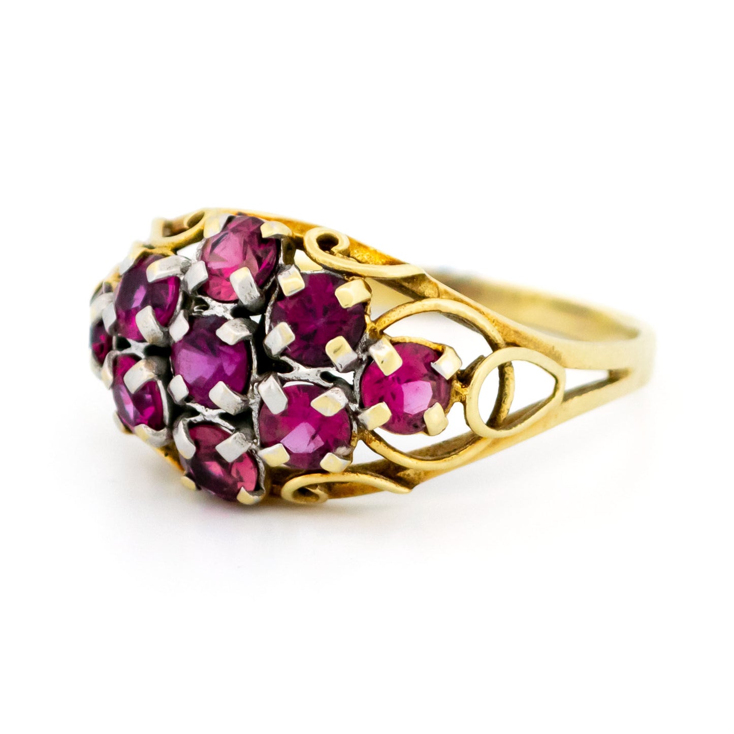 Vintage 14 Carat Yellow and White Gold Ruby Cluster Ring, 1.35 Carats
