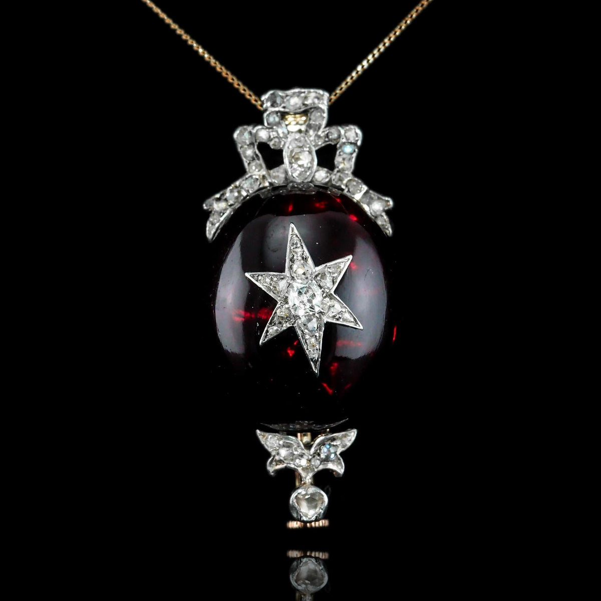 Victorian Antique Garnet and Diamond Star Cabochon Pendant come Brooch