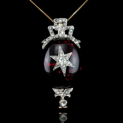 Victorian Antique Garnet and Diamond Star Cabochon Pendant come Brooch