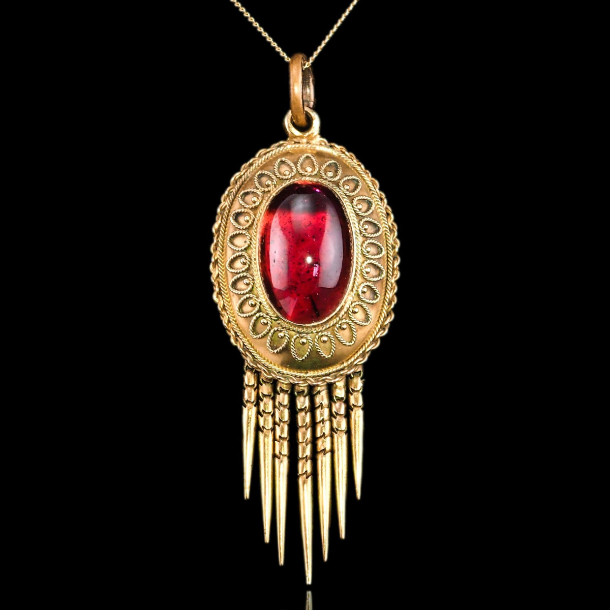 Antique Victorian Garnet Etruscan Revival Pendant Necklace 15K Gold - c.1880