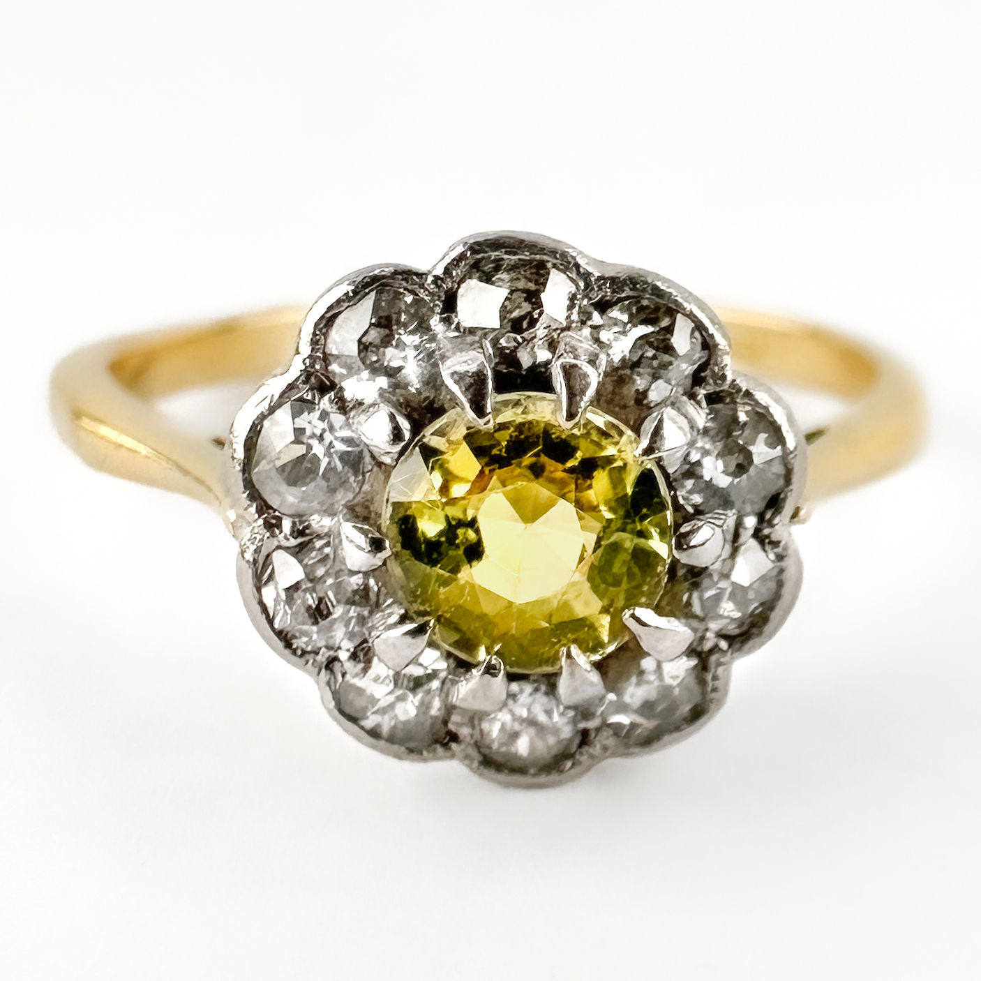 Edwardian Antique Yellow Sapphire and Old Cut Diamond Cluster Engagement Ring
