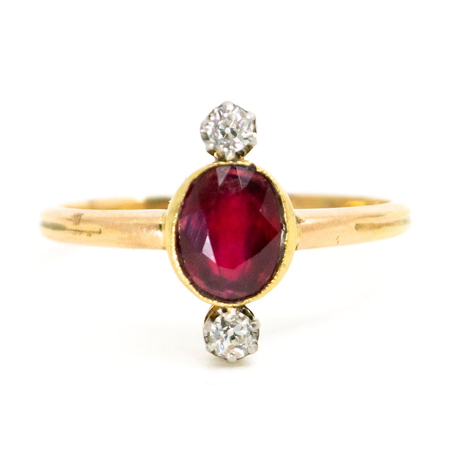 Diamond Victorian Antique Ruby and Old Cut Diamond Trilogy Ring