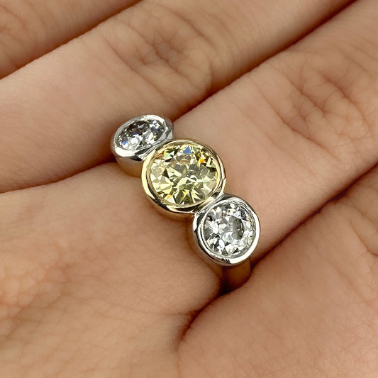 Edwardian Antique Yellow and White Diamond Three Stone Ring