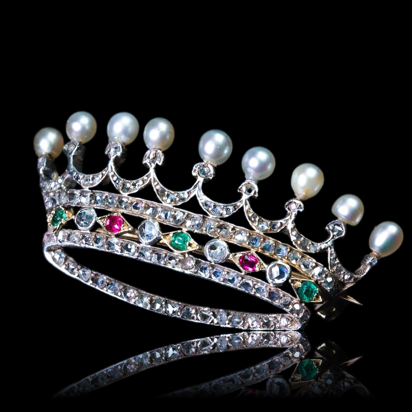 Antique French Ruby, Emerald, Diamond Pearl Crown Coronet Brooch 18K Gold c.1900