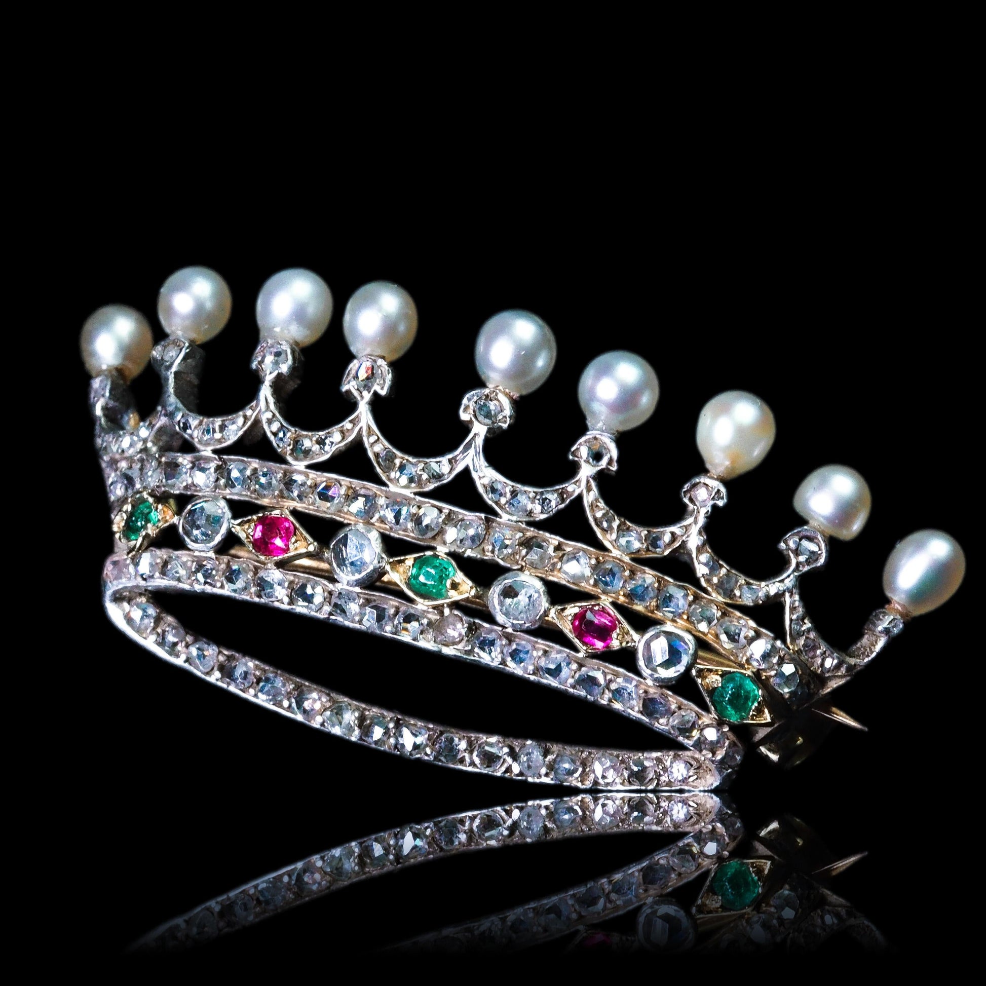 Antique French Ruby, Emerald, Diamond Pearl Crown Coronet Brooch 18K Gold c.1900