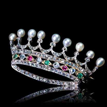 Antique French Ruby, Emerald, Diamond Pearl Crown Coronet Brooch 18K Gold c.1900