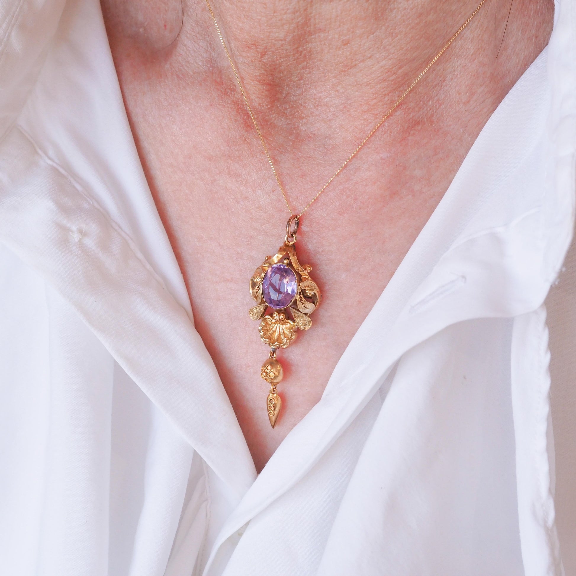 Antique Victorian Amethyst Pendant Necklace 14K Gold - 19th c.