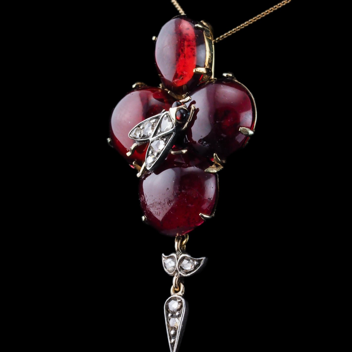 Victorian Antique Cabochon Garnet and Diamond Pendant come Brooch, Circa 1880