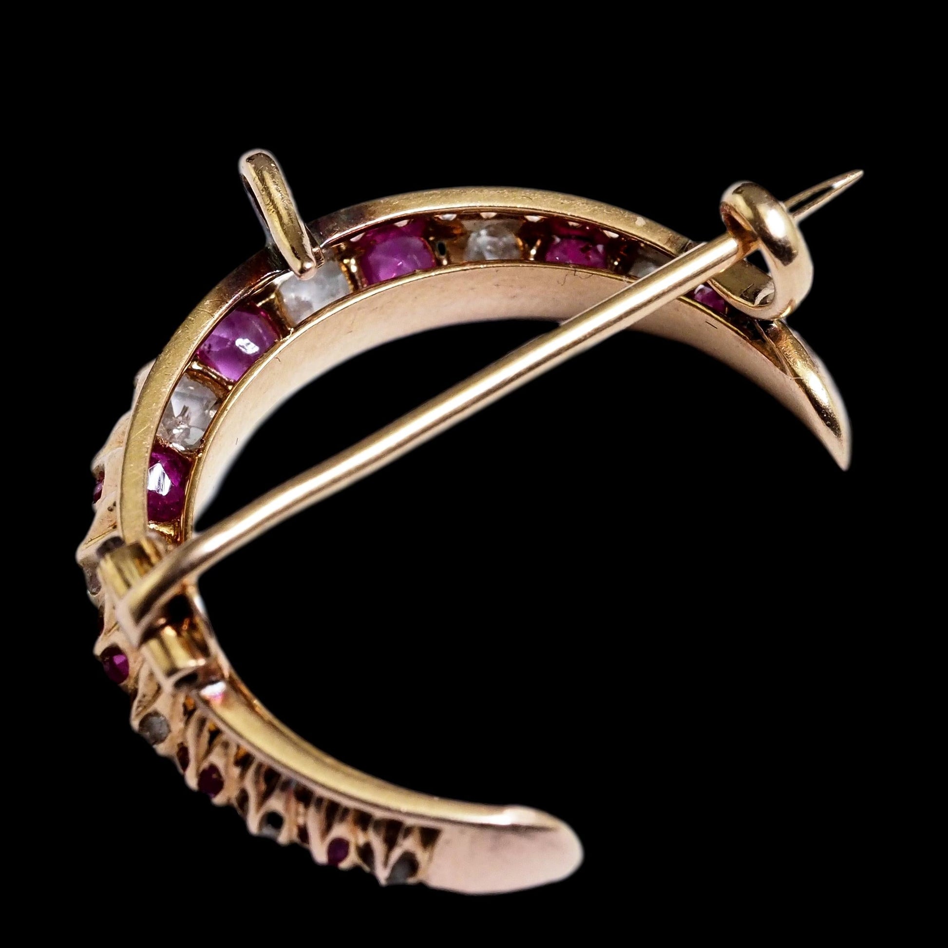 Victorian Antique Victorian Ruby and Old Cut Diamond Crescent Brooch