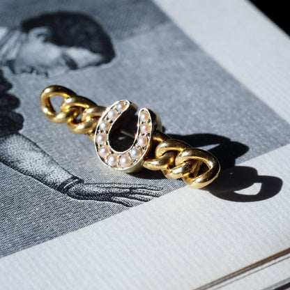 Antique Victorian Horseshoe Pearl Brooch 15K Gold - c.1900